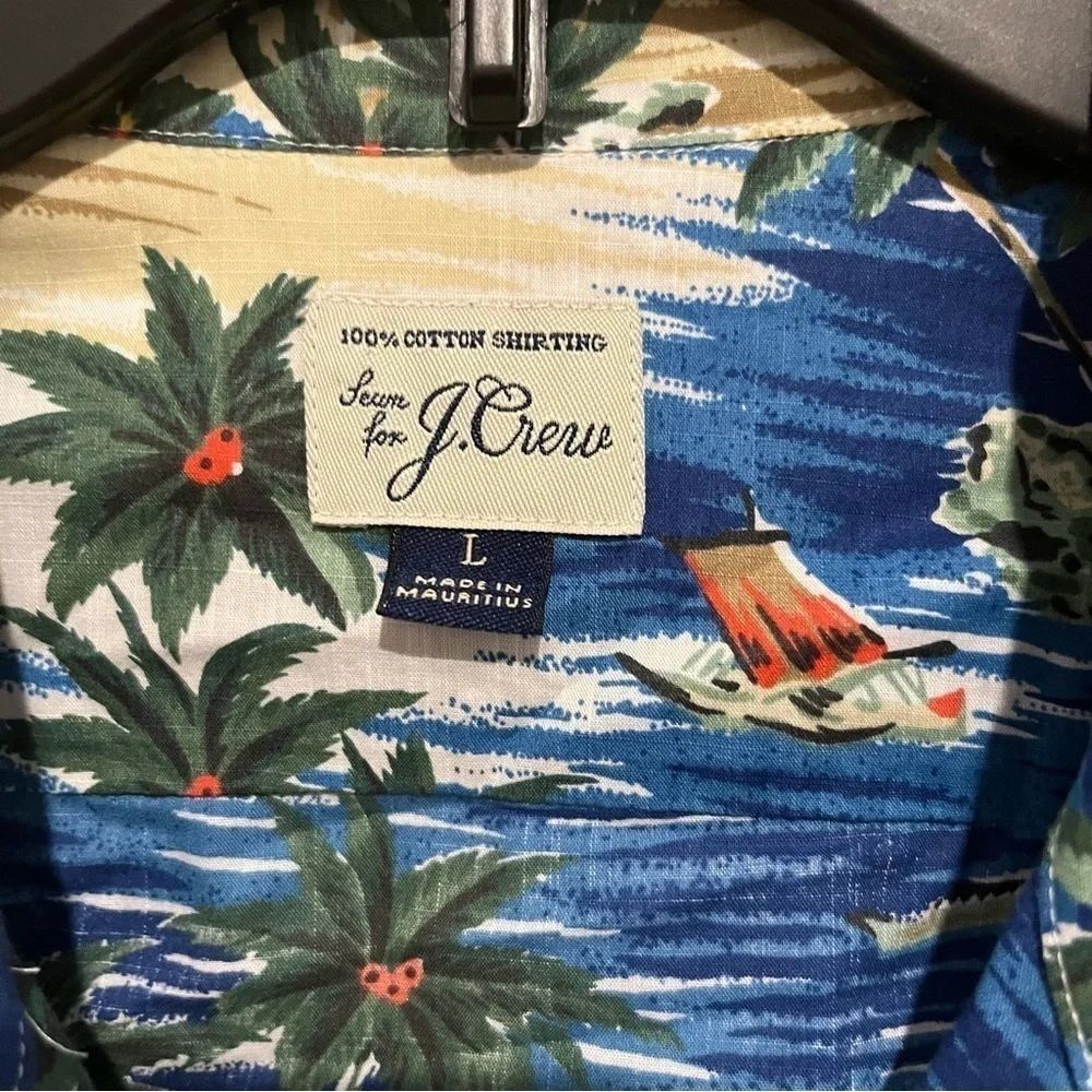 J.Crew Camp Collar Printed Slub Cotton Shirt Button Down in Blue Size Large